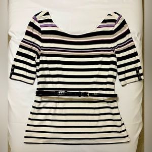White House Black Market Short Sleeve Striped Top - Size Med - Taupe/White/Lilac